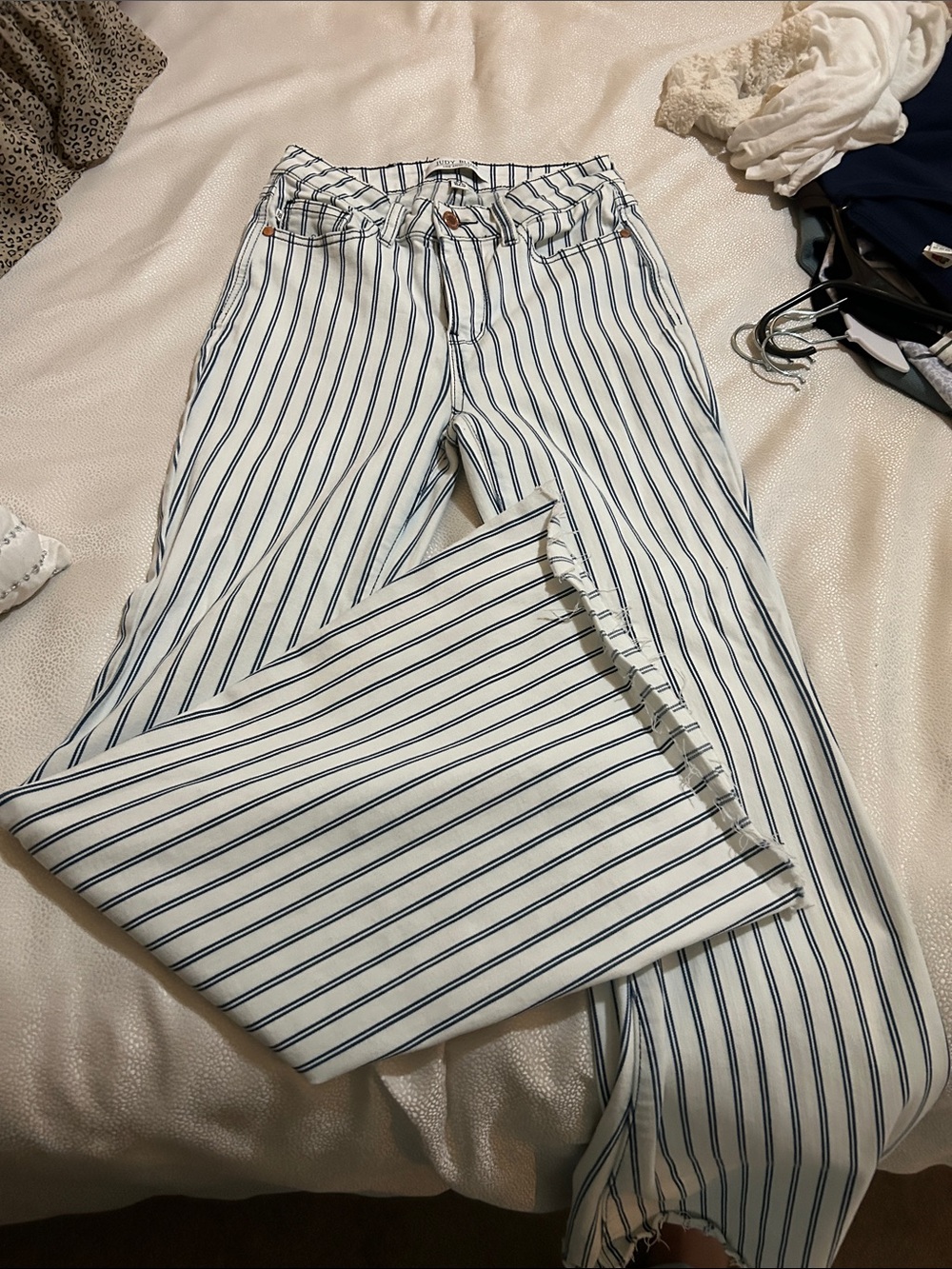 Judy Blue White Jeans with Navy Pinstripes